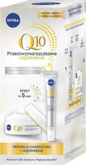 Krem ditës dhe serum kundër rrudhave Nivea Q10 Anti-Wrinkle Duo Extra Firming SPF15 Precise Wrinkle Filler për femra, 50ml + 15ml
