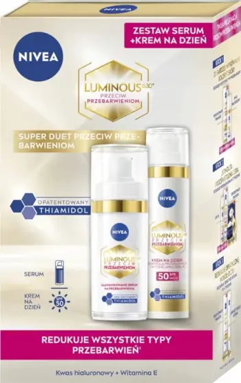 Set krem dite dhe serum për femra Nivea Luminous 630 Day Cream + Advanced Discoloration Serum, 40ml + 30ml