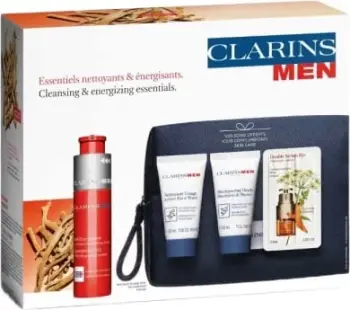 Set për meshkuj Clarins Men Energizing Set, xhel për fytyrë 50 ml + xhel pastrues për fytyrë 30 ml + shampo për flokë dhe trup 30 ml + serum për sytë 0.9 ml + çantë
