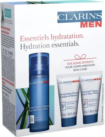 Set kozmetik Clarins Moisture Care, balsam trupi 50 ml + shampo 30 ml + xhel pastrimi 30 ml + serum pёr zonёn e syve 0.9 ml