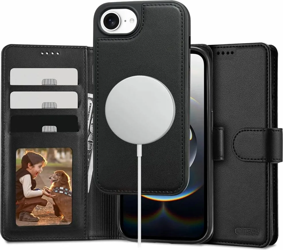 Mbështjellës Tech-Protect Wallet MagSafe për iPhone 16e, i zi, me vend për kartela - 1