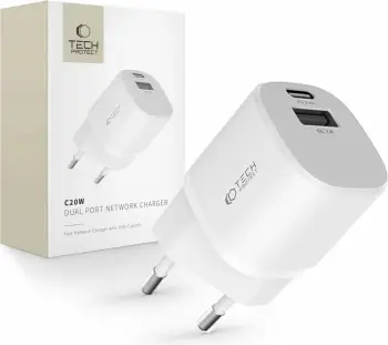 Karikues rrjeti Tech-Protect C20W me 2 porta USB-C, 20W, i bardhë