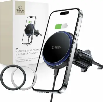 Mbajtëse magnetike veture Tech-Protect MM15W-V4, MagSafe, karikim wireless 15W, e zezë