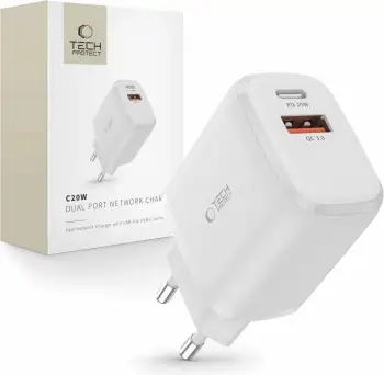 Karikues rrjeti Tech-Protect C20W, 20W PD QC 3.0, 2 porta, me kabllo USB-C, i bardhë