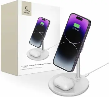 Karikues induktiv 2-në-1 Tech-Protect QI15W-A21 me MagSafe, 15W, për smartphone dhe kufje, Bardhë