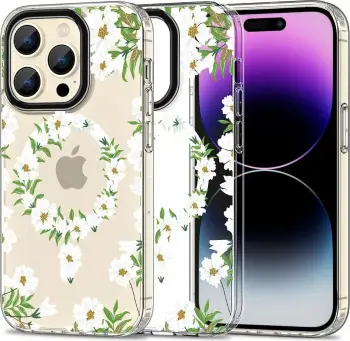 Mbështjellës Tech-Protect MagMood MagSafe për iPhone 15 Pro, lule të bardha
