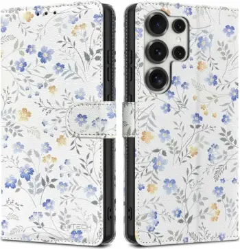 Mbështjellës Tech-Protect Wallet për Samsung Galaxy S25 Ultra, lëkurë ekologjike, Daisies me gjethe, Bardhë/Transparent