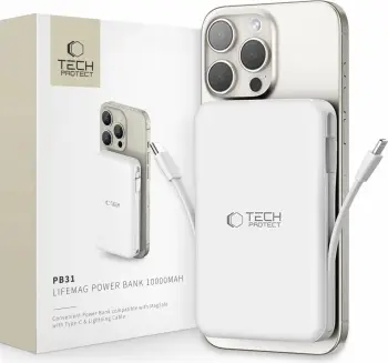 Power bank Tech-Protect LifeMag PB31, 10000mAh, MagSafe, USB-C/USB-A/Lightning, Bardhë