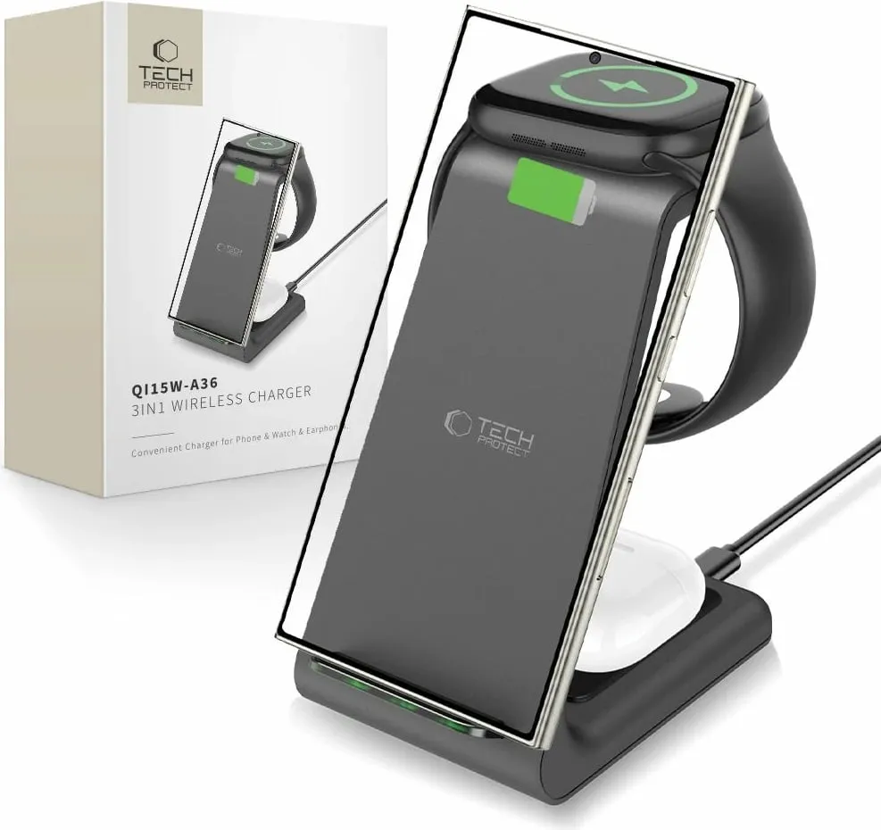Stacion karikimi 3-në-1 Tech-Protect QI15W-A36, për Android, e zezë - 1