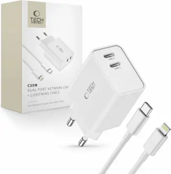 Karikues muri Tech-Protect C35W me 2 porta USB-C PD 35W dhe kabllo USB-C në Lightning, Bardhë