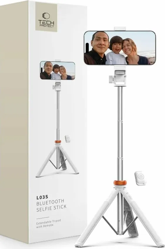 Selfie stick me tripod Tech-Protect L03S, me telekomandë Bluetooth, 148cm, Bardhë - 1