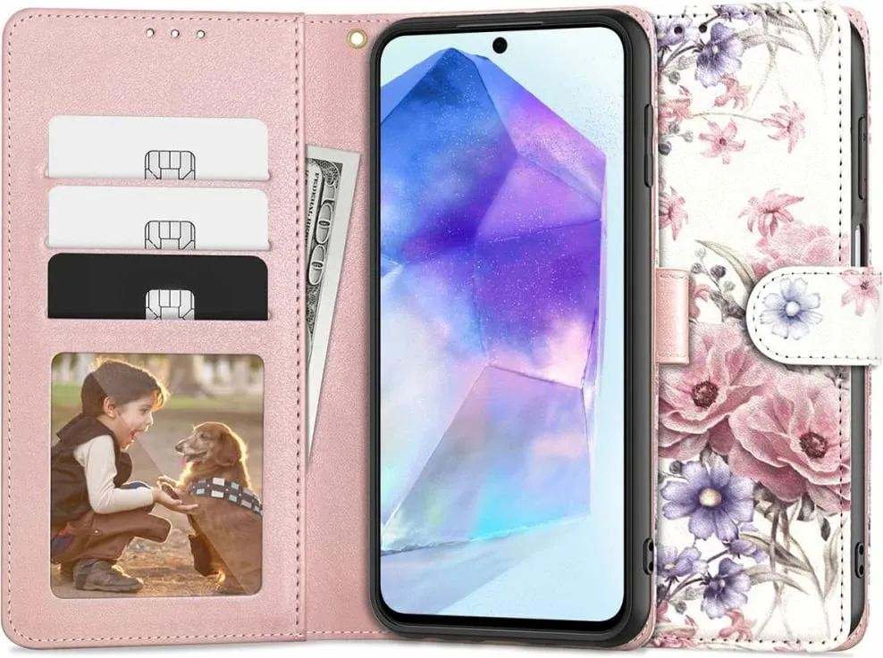 Mbështjellës Tech-Protect Wallet për Samsung Galaxy A55 5G, lule rozë - 1
