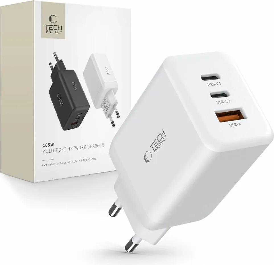 Karikues rrjeti Tech-Protect C65W, 2x USB-C PD 65W / USB-A QC 3.0, Bardhë - 1