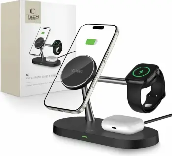 Karikues induktiv 3-në-1 Tech-Protect A12 me MagSafe, për smartphone/kufje/smartwatch, i zi