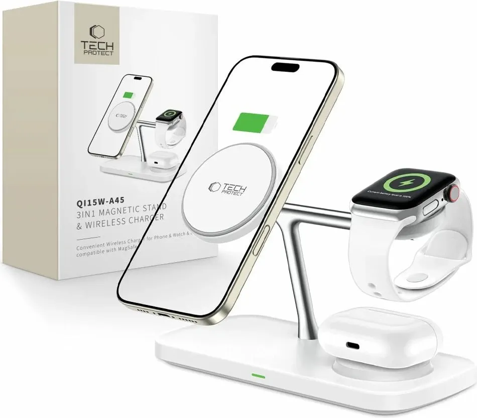Karikues wireless 3-në-1 Tech-Protect QI15W-A45 me MagSafe, për Apple, Bardhë - 1