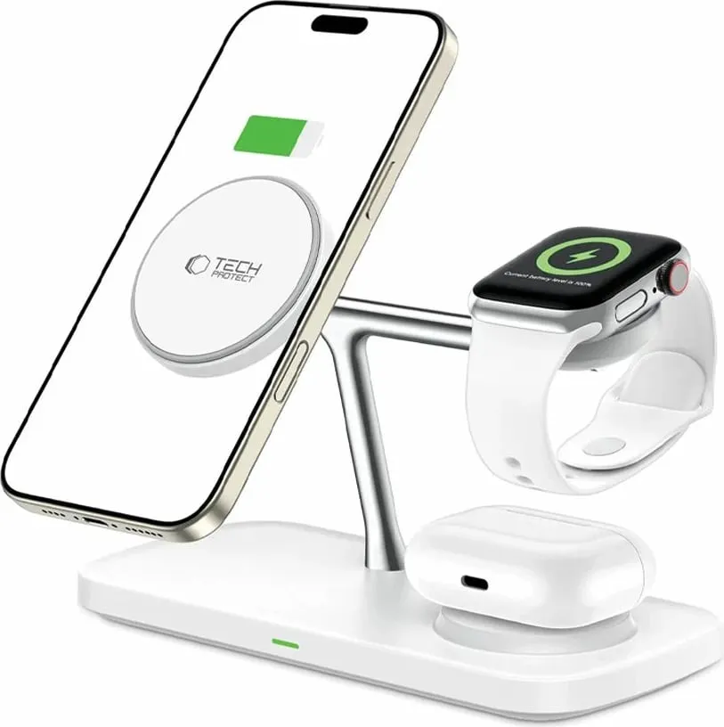 Karikues wireless 3-në-1 Tech-Protect QI15W-A45 me MagSafe, për Apple, Bardhë - 2
