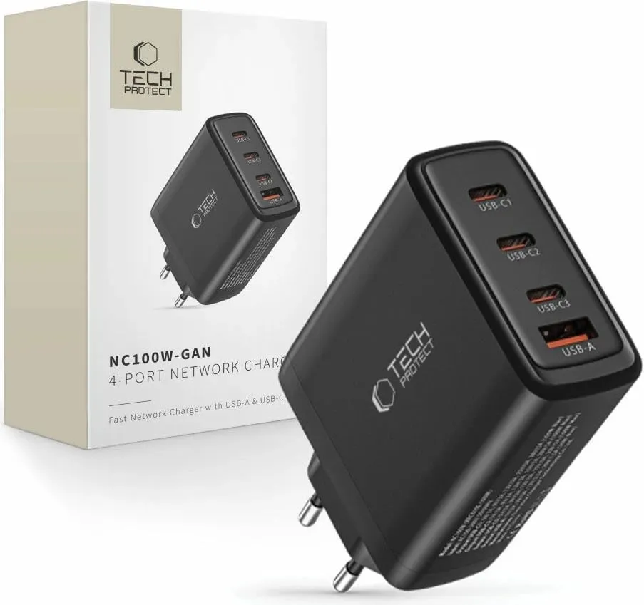 Karikues rrjeti Tech-Protect NC100W-GAN, 4 porta, 100W, USB-C/USB-A, i zi - 1