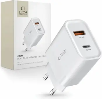 Karikues rrjeti Tech-Protect NC30W, 3 porta (2x USB-C PD 30W, 1x USB-A QC 3.0), i bardhë