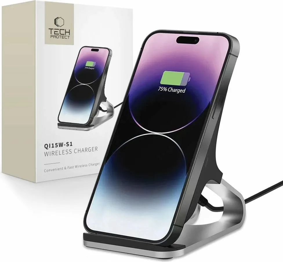Karikues wireless Tech-Protect QI15W-S1, 15W, me qëndrim, i zi - 1