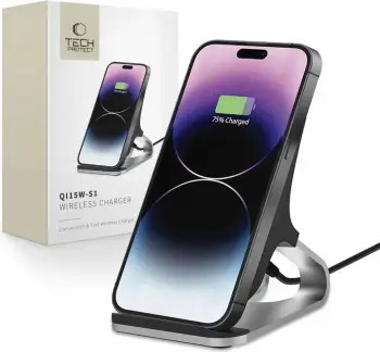 Karikues wireless Tech-Protect QI15W-S1, 15W, me qëndrim, i zi