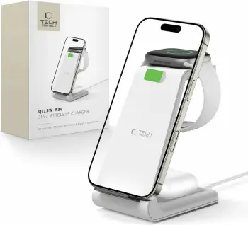 Stacion karikimi pa tela Tech-Protect QI15W-A36 3-në-1, për Apple, Bardhë
