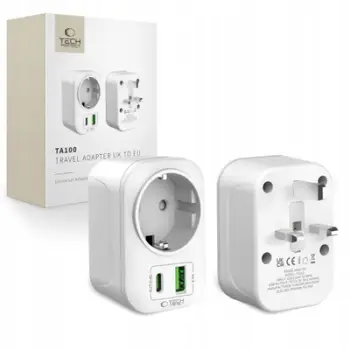 Adapter udhëtimi Tech-Protect TA100, UK në EU, 2 porta USB, i bardhë