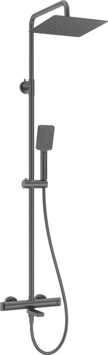 Set dushi Deante me bateri termostatike për vaskë, kokë dushi inox, veshje Titanium, argjendtë