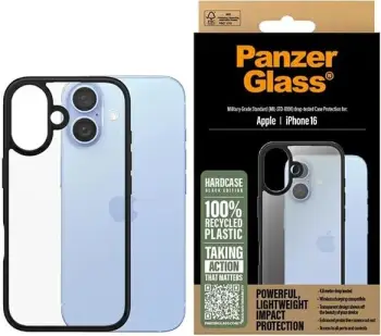 Mbështjellës PanzerGlass HardCase për iPhone 16, transparent, kornizë e zezë