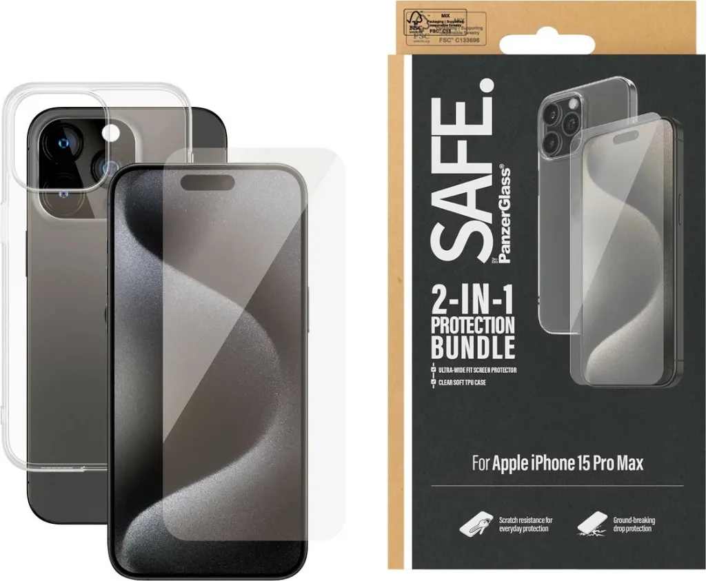 Mbështjellës PanzerGlass SAFE. 2-in-1-Pack për iPhone 15 Pro, transparent - 2