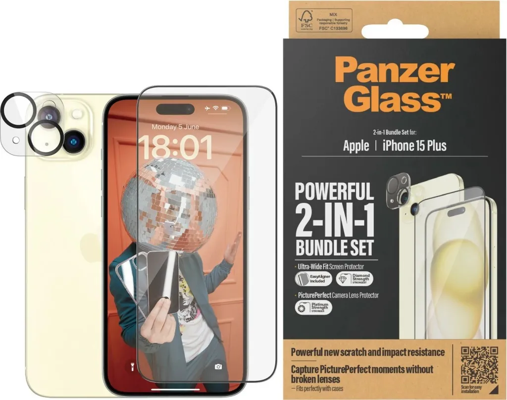 Xham mbrojtës PanzerGlass 2-in-1-Pack për iPhone 15 Plus, EasyAligner - 2