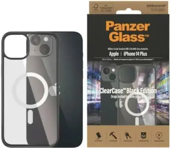 Mbështjellës PanzerGlass ClearCase me MagSafe për iPhone 14 Plus / 15 Plus, transparent dhe zi