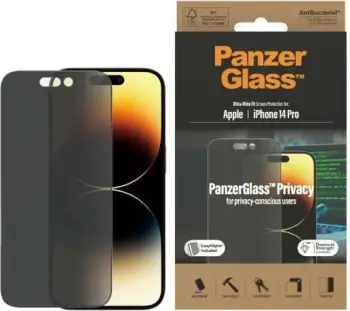 Mbrojtës ekrani PanzerGlass Ultra Wide Fit, iPhone 14 Pro 6.1", Privacy, antibakterial, transparent