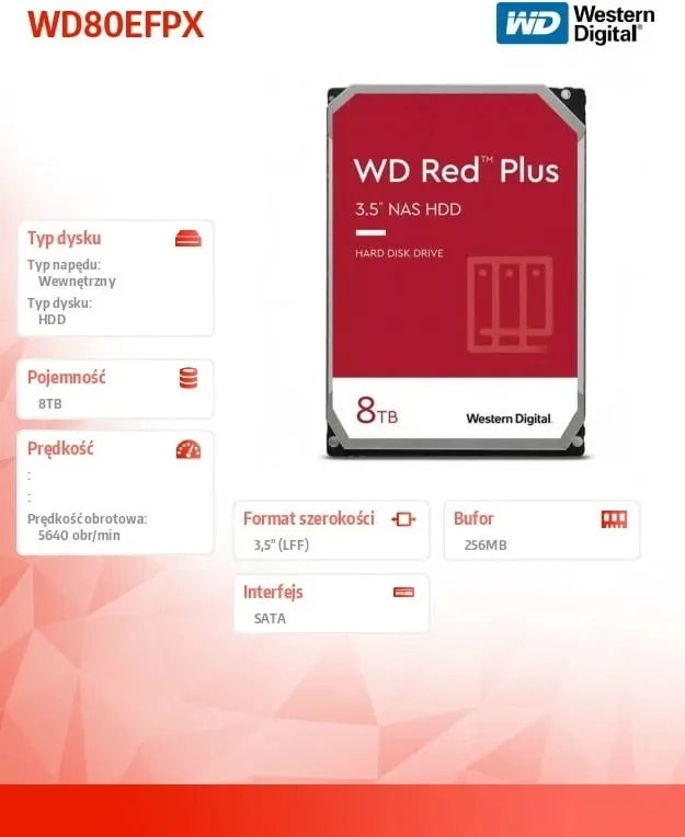 Hard Disk Western Digital WD Red Plus, 8TB, 3.5", 5640 RPM, 256 MB Cache - 2