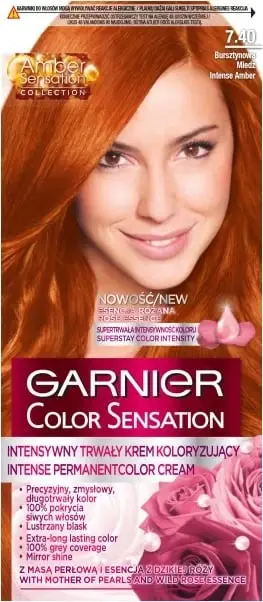 Bojë flokësh Garnier Color Sensation 7.40 Amber Copper, krem ngjyrues, mbulim 100% i thinjave