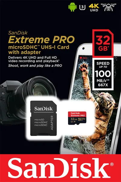Kartë e memories SanDisk Extreme Pro, MicroSDHC, 32 GB, Class 10 + përshtatës SD - 3