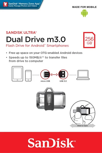 USB SanDisk Ultra Dual m3.0, 256 GB, USB Type-A / Micro-USB - 3