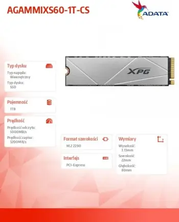 Disk SSD ADATA GAMMIX S60, 1TB, M.2 2280 PCI-E x4 Gen4 NVMe