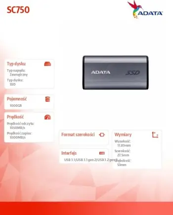 SSD i jashtëm ADATA SC750, 1TB, USB 3.2 Gen 2 Type C, i zi