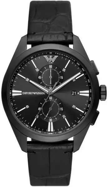 Orë dore Emporio Armani Chronograph, 43mm, rrip lëkure, e zezë