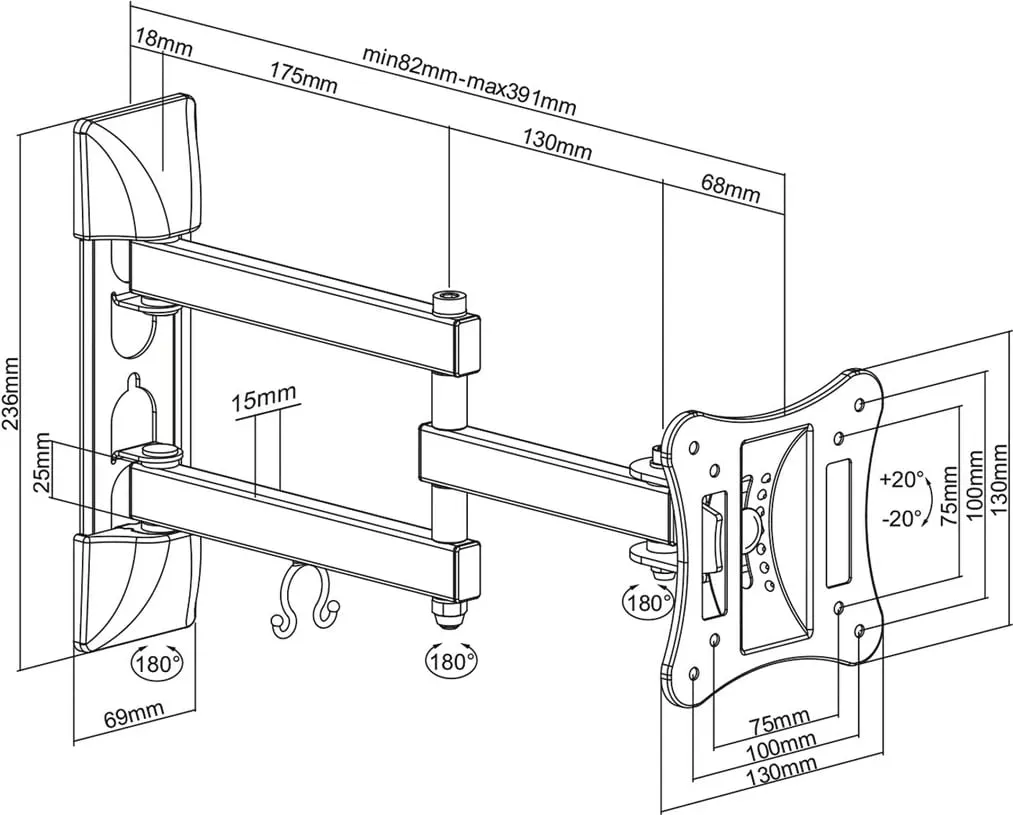 Mbajtëse muri për TV Maclean MC-719, 13"-27", 15 kg, e zezë - 4