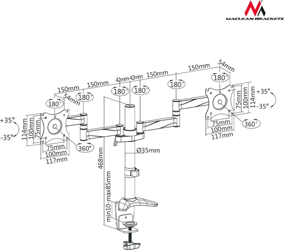 Mbajtëse tavoline për dy monitorë Maclean MC-714, 13-27", 8kg, e zezë - 6