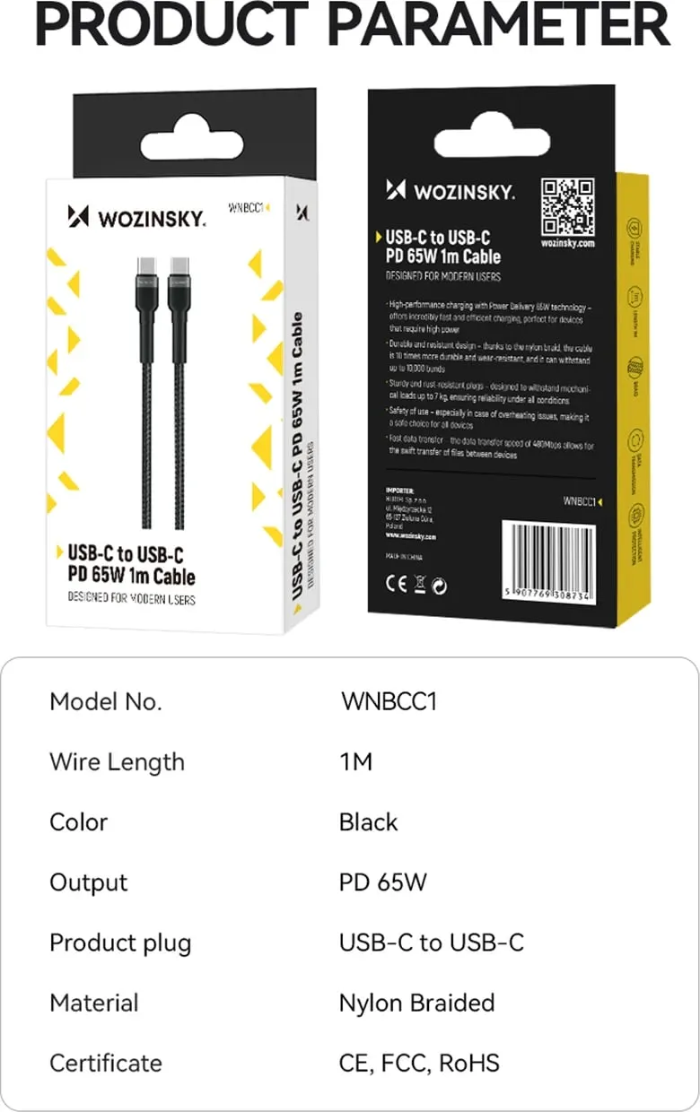 Kabllo USB-C në USB-C Wozinsky WNBCC1, 1m, 65W, najlon, e zezë - 5