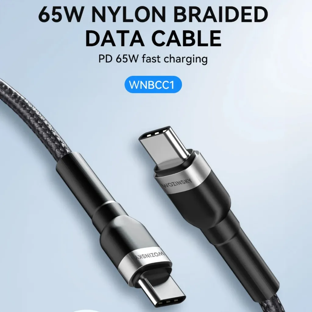 Kabllo USB-C në USB-C Wozinsky WNBCC1, 1m, 65W, najlon, e zezë - 6