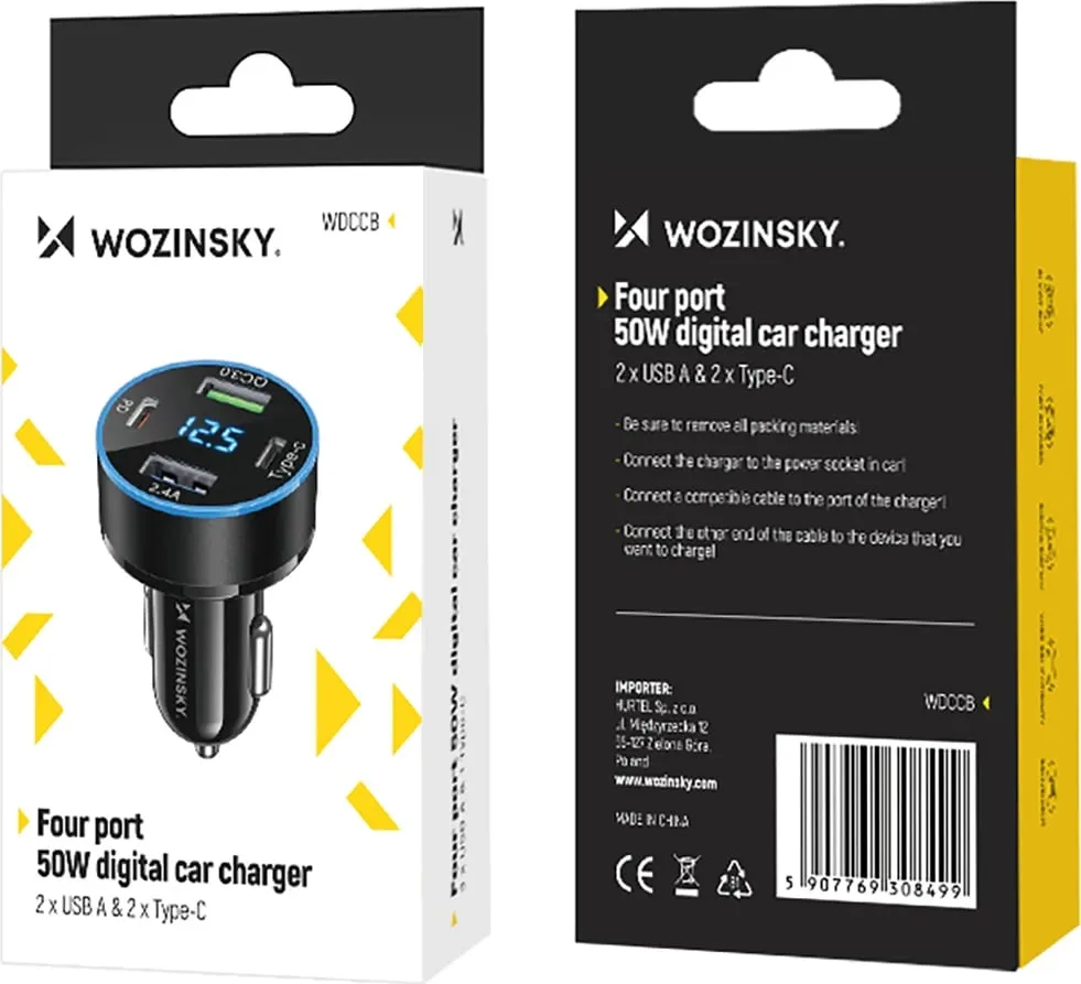 Karikues veture Wozinsky WDCCB, 50W, 2xUSB-C / 2xUSB-A, me ekran, i zi - 9