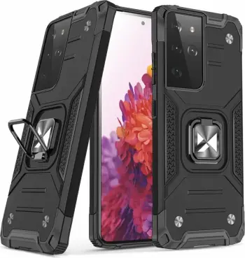 Mbështjellës Wozinsky Ring Armor për Samsung Galaxy S22 Ultra, me mbajtëse gishti dhe qëndrim, i zi