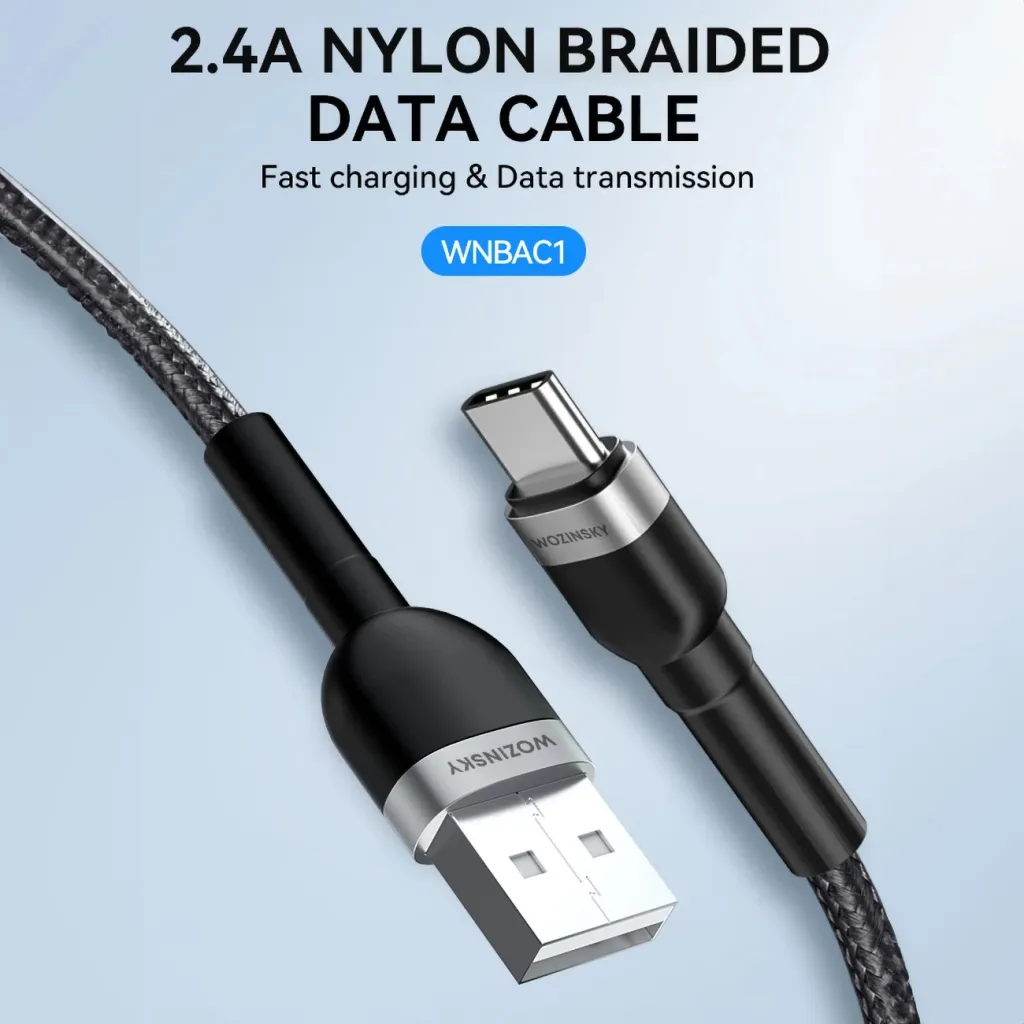 Kabllo USB Wozinsky WNBAC1, USB-A në USB-C, 1m, 2.4A, najlon, e zezë - 6