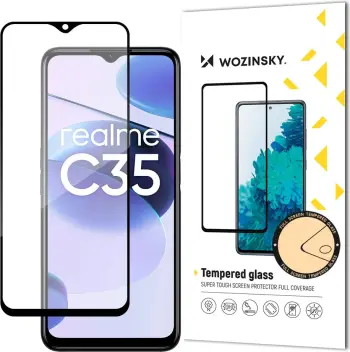 Xham i temperuar Wozinsky Full Glue për Realme C35, Kornizë e zezë