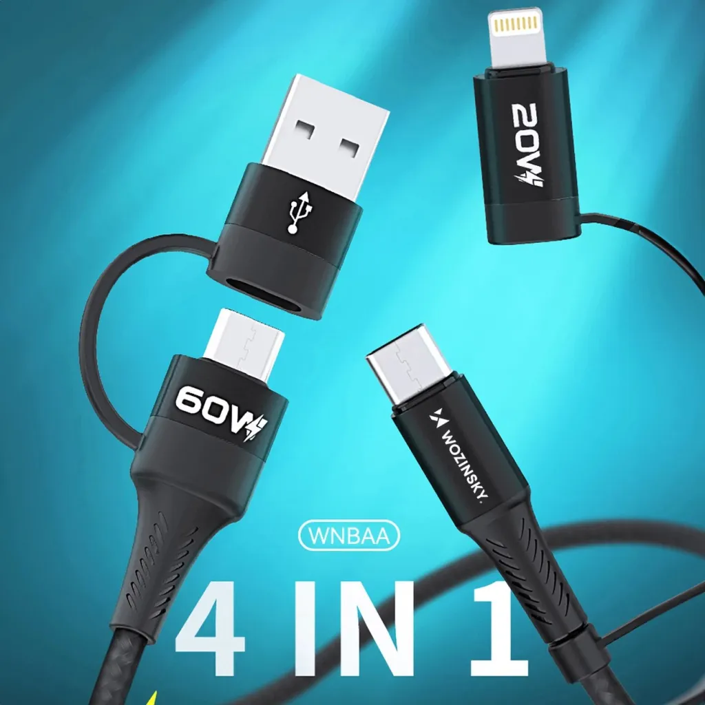Kabllo 4n1 Wozinsky WNBAA, 1m, USB-C/USB-A/Lightning, 60W, e zezë - 5