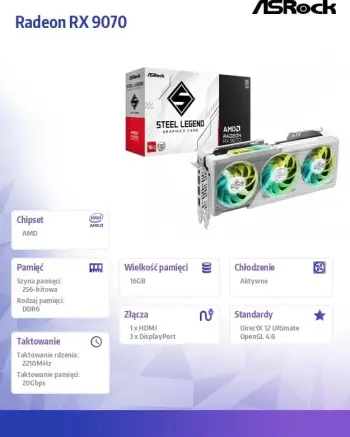 Kartelë grafike ASRock Radeon RX 9070 Steel Legend 16GB, RX9070 SL 16GO, 16GB GDDR6, HDMI, 3x DP