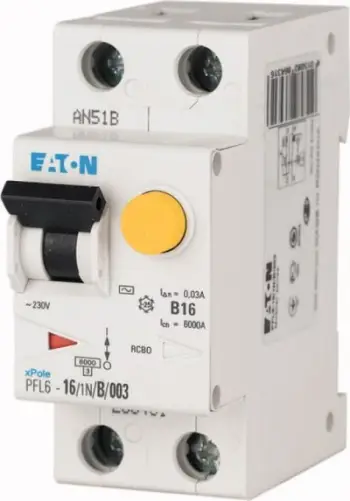 Ndërprerës diferencial me mbrojtje ndaj mbirrymes Eaton PFL6-20/1N/B/003, 20A, 30mA AC, 1P+N